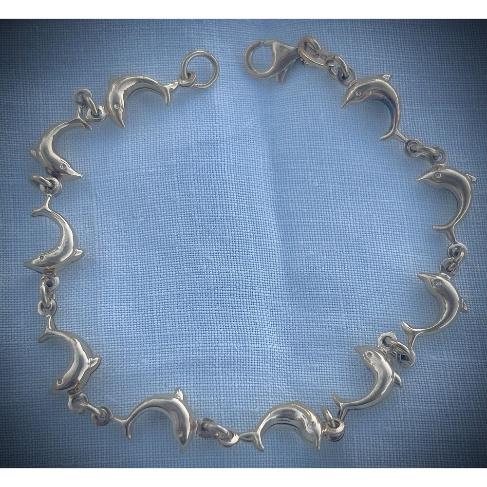 Vintage Italy 925 Sterling Silver Gold Vermeil Dolphin Link Bracelet Nautical